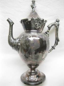 Wilcox Victorian Tea Set Fancy Silver Plate Femme Poignées Figuratives Feuilles Vieux Vtg